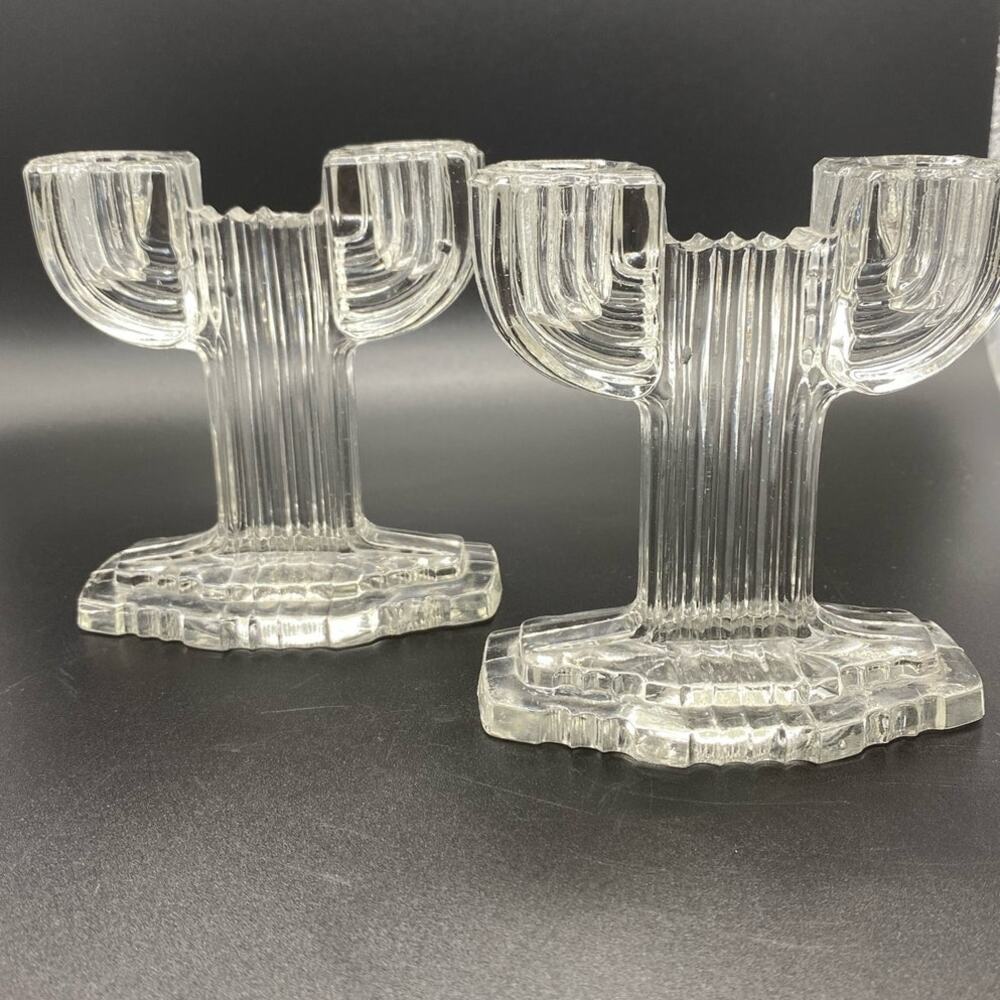 Art Deco Anchor Hocking Queen Mary pair Depression glass candlestick holders